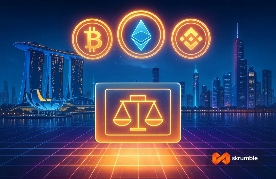 Singapore skyline overlaid with crypto and tax forms, illustrating Singapore crypto tax in 2026