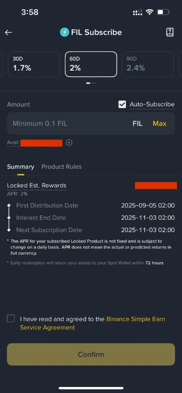 Binance locked staking summary showing stake date, value date, and redemption date for a confirmed subscription