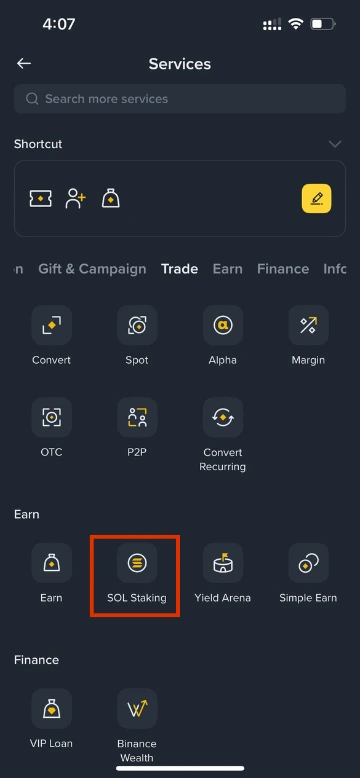 Binance SOL Staking button in the Earn section menu