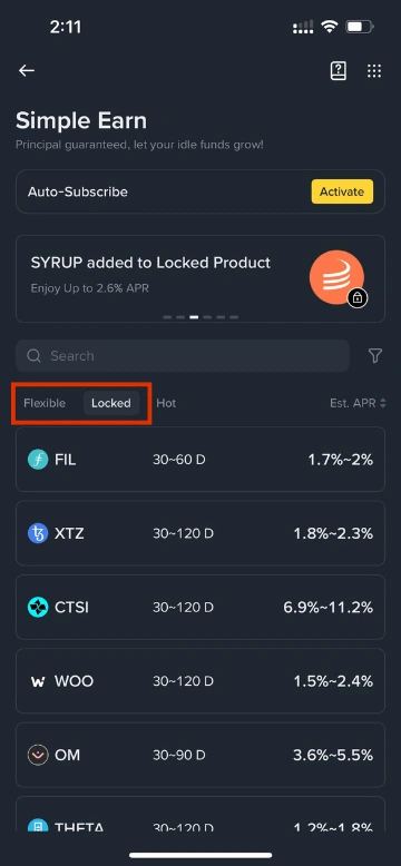 Binance Simple Earn screen showing the two staking tabs, Locked and Flexible