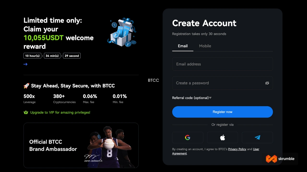 BTCC sign up page