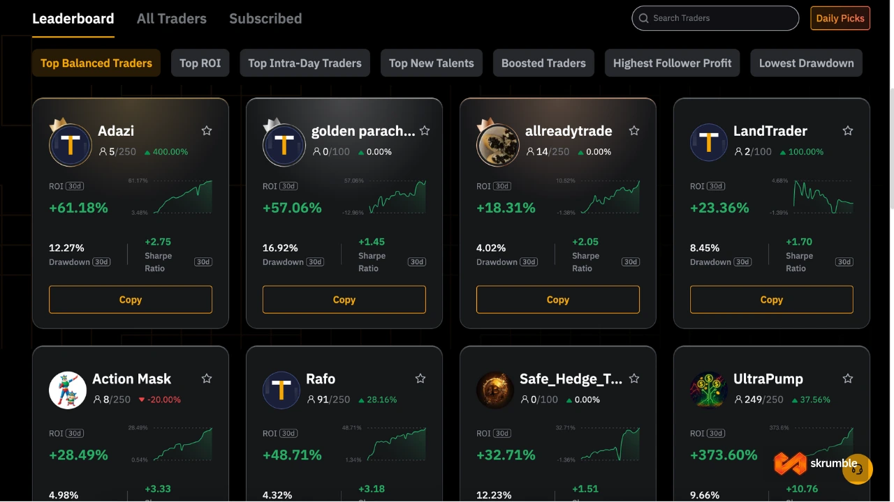 Leaderboard of best master accounts on the Bybit coy trading community